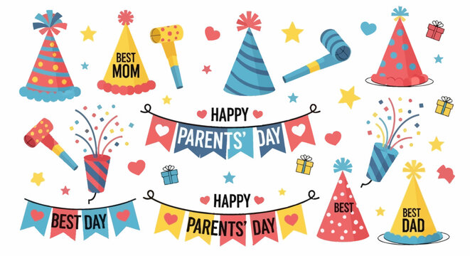 Set of decorative party elements for Happy Parents Day celebration.