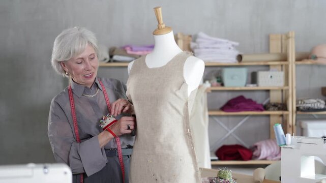 Mature dressmaker with a measuring tape stands in the sewing workshop near a mannequin and checks quality of the sewn sample, she looks at the stitches and makes corrections.