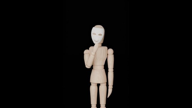 Wooden mannequin with emotional masks, sadness and fake smile concept