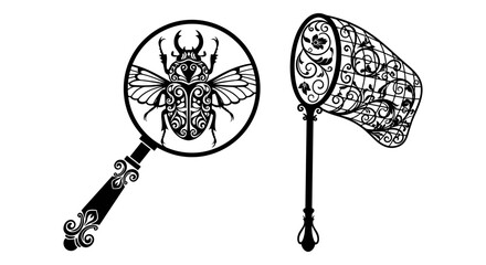Obraz premium Vintage insect magnifying glass, ornate bug viewer, black line art, 2 decorative hand lenses