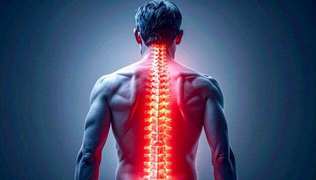A human spine highlighted in red, symbolizing lower back pain, spinal injury, and musculoskeletal health issues.