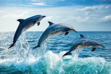 Obraz premium Three dolphins leap out of the ocean waves under a partly cloudy sky.