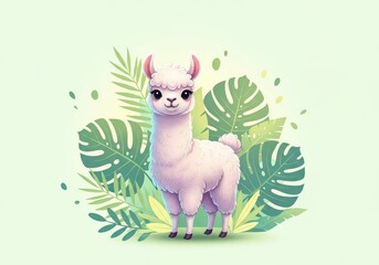 Fototapeta premium Adorable young llama illustration with tropical safari leaves for a soft nursery wall art poster. Gentle pastel colors and cute animal style, room, minimalist, decoration