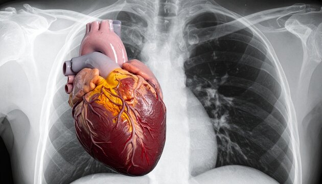 A human heart with highlighted coronary blockage, symbolizing myocardial infarction, tissue damage, and cardiovascular health.