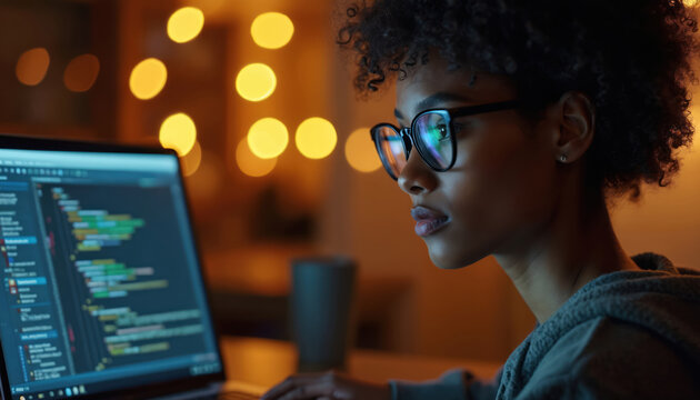 Woman in glasses codes on laptop at night. Programmer works with code on computer screen. Developer types program text in dark office with bokeh lights.