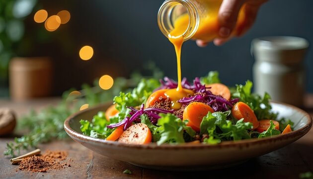 Hand pours orange dressing onto fresh salad. Leafy greens, carrots, and red cabbage mixed in bowl. Vibrant, healthy meal prep for cooking or dining. Natural ingredients for tasty, seasoned food.