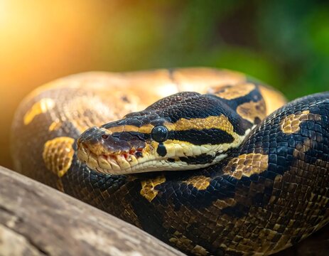 Close Up Portrait Of A Ball Python Royal Python Snake Coiled On A Wooden Log With Beautiful Scale Patterns Under Warm Sunlight And Blurred Background