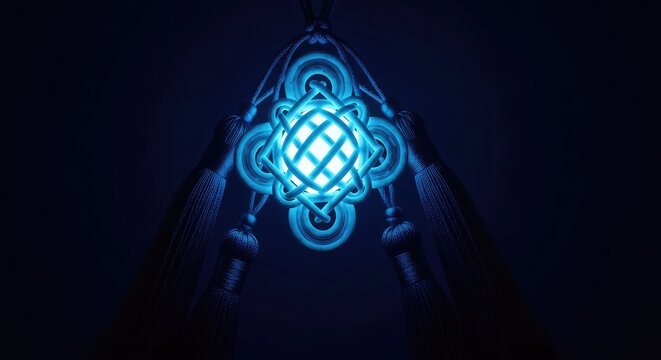 An ancient mystical amulet features an intricately woven glowing knot suspended from silken tassels, radiating a soft ethereal blue light, energy, hanging, artifact