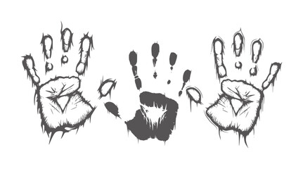 Obraz premium Three stylized black ink handprints with expressive symbols and dripping texture