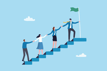 Teamwork growth or progress to achieve success, help or support from manager to grow employee career path, corporate ladder challenge, partnership, businessman leader help colleague to step up stair.