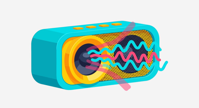 Vibrant turquoise portable bluetooth speaker with colorful sound wave graphics.