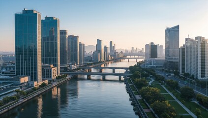Fototapeta premium Futuristic city skyline with modern skyscrapers and canal waterfront captured in golden morning light showcasing urban infrastructure symmetry and luxury metropolitan development concept