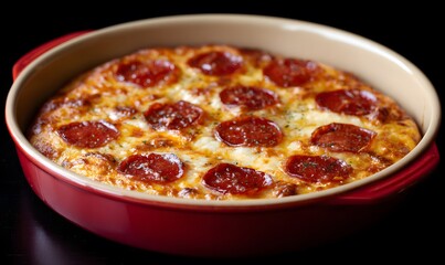 A round pepperoni pizza placed perfectly in the centre of a red shallow roasting pan