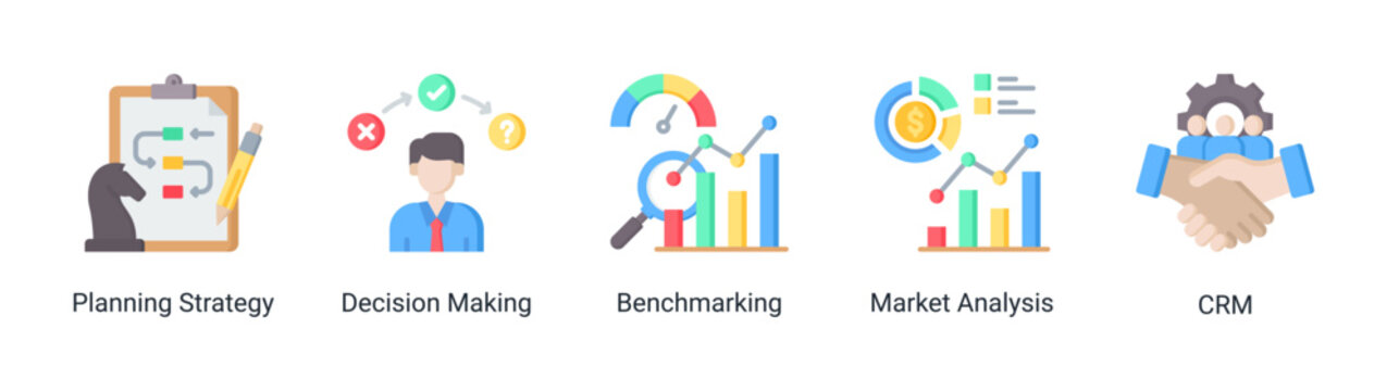 Kaizen strategy icon set featuring decision making,planning,and market analysis concepts.Strategic icon set for business planning,analysis,benchmarking,and customer management.
