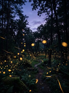 Magical Fireflies Glowing in a Dark Enchanted Forest at Night