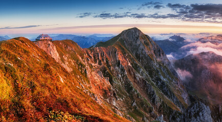 Alpine Mountain landscape at dramatic sunrise in Austria Alps, Styria