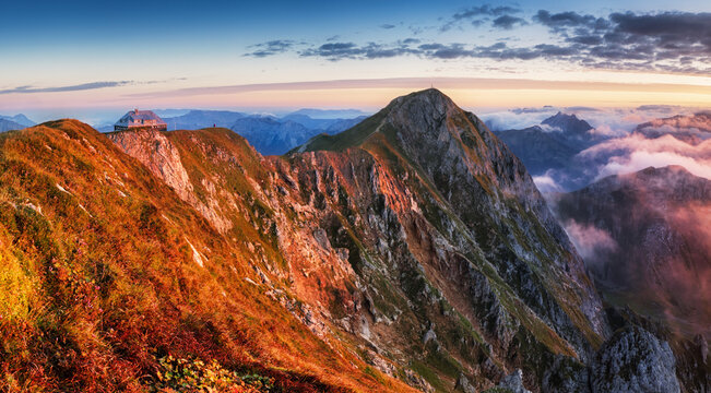 Alpine Mountain landscape at dramatic sunrise in Austria Alps, Styria