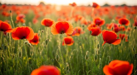 Fototapeta premium Red Poppies Swaying in a Sunny Summer Field