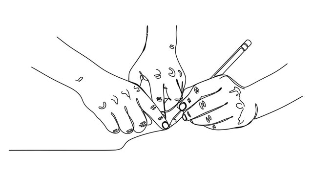 Three hands working together on a task with a pencil and paper.. Continuous line style. Hand drawn. Line art. Vector design. illustration