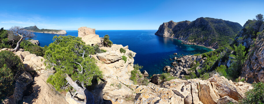 Panorama of  tower of Cala Basset (Torre de Cala en Basset) is a watchtower from the late 16th century, located in the mountains of Tramuntana Majorca with sea