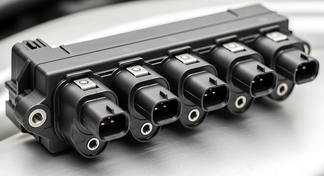 Close up of a black electronic device with multiple connectors and ports
