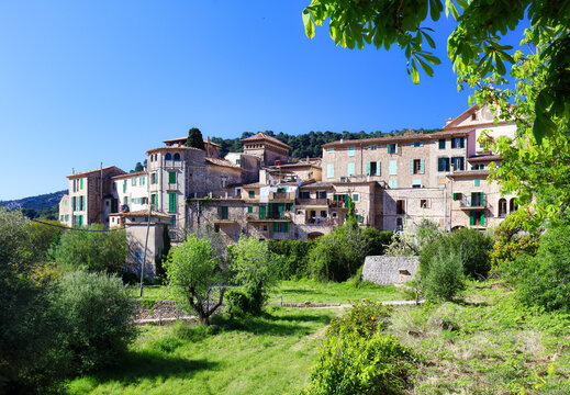 Old village Valldemossa in Mallorca with green grass and leaves