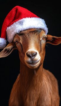 Playful Goat Dressed in a Festive Red and White Santa Hat, Spreading Holiday Cheer This Christmas