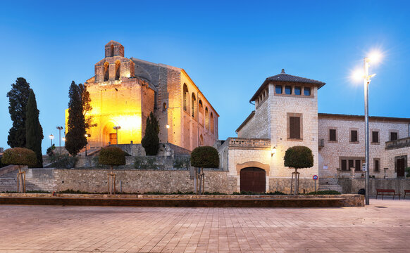 Parish Church of Sant Llorenc and main square in Selva at night, Mallorca, Spain