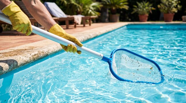 Closeup of pool maintenance worker using skimmer net to remove debris from clear swimming pool water in a sunny backyard. Concept of hygiene, service, summer care, and home upkeep.
