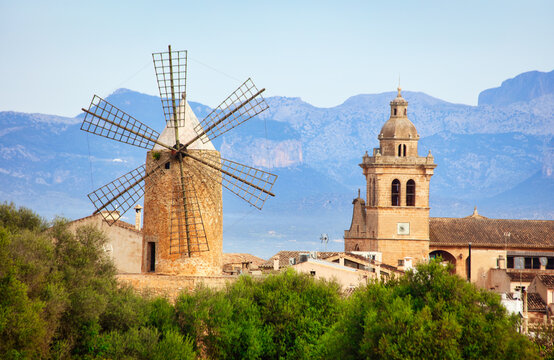 Mallorca - windmill in the traditional village of Algaida on the Balearic island of Majorca in Spain