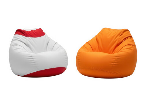 A white and red bean bag chair and an orange bean bag chair isolated on transparent background