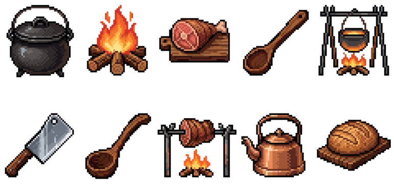 A collection of pixel art icons depicting various food and cooking elements, including a cauldron over a fire, a roast ham, utensils, and a loaf of bread.