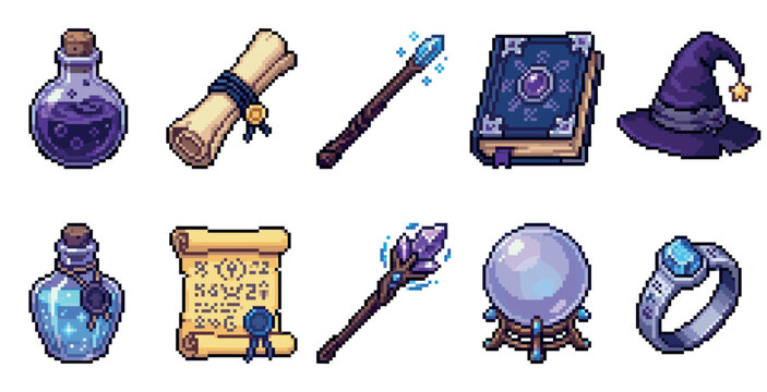 A collection of pixel art fantasy items including potions, scrolls, wands, a spellbook, wizard hat, crystal ball, and a magic ring.