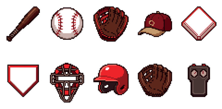 A collection of pixel art icons representing baseball equipment like a bat, ball, glove, cap, and bases, set against a clean white background.