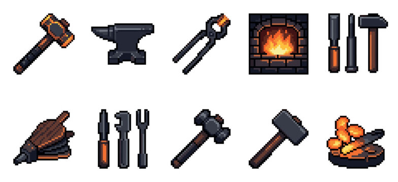 A collection of pixel art icons featuring blacksmith tools such as hammers, anvils, tongs, a forge with flames, bellows, chisels, and glowing hot metal.