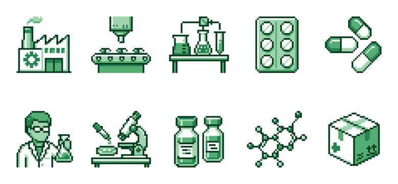 A collection of pixel art icons representing various aspects of medicine and science, including a factory, laboratory equipment, pills, and a scientist.