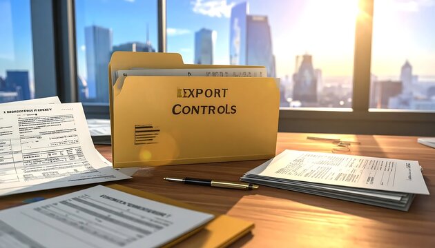 Export Controls Manila File Folder On A Wooden Office Desk With Documents And Pen Against A Sunny City Skyline Background