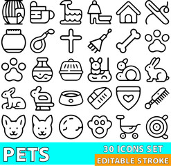 Fototapeta premium Pets icons display a collection of animal care supplies and companion creatures in a symmetrical grid using precise black strokes against a white background for versatile veterinary or pet store.