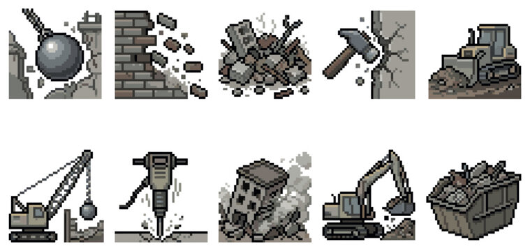 A collection of pixel art icons depicting various construction demolition scenes and equipment, rendered in a muted color palette.