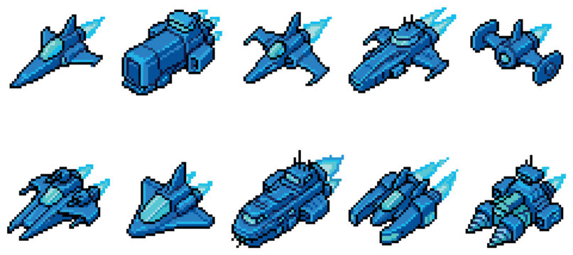 Collection of ten unique blue pixel art spaceships and starfighters with glowing engines in a white background.