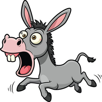 Cartoon donkey with wide eyes and open mouth running with a surprised expression in a flat style mule