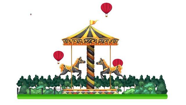 Animated Carousel with Hot Air Balloons and Green Park Landscape
