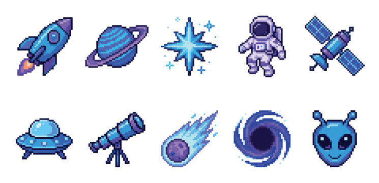 A collection of ten pixel art icons featuring space elements like rockets, planets, astronauts, and aliens, rendered in blue and purple tones with a retro aesthetic.