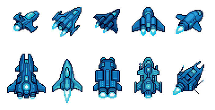 A collection of ten blue pixel art spaceships with glowing engines, set against a clean white background, perfect for retro game design and digital art projects.
