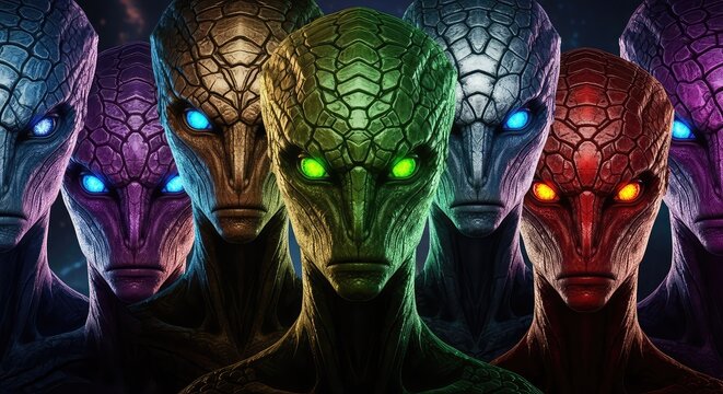 Close up portrait of various extraterrestrial creatures with glowing eyes and scaly skin, standing together in a dark interstellar environment, encounter, sci-fi, evolution