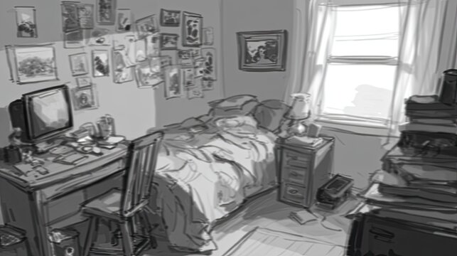 Monochrome sketch depicts a cluttered private living space furnished for sleep and study