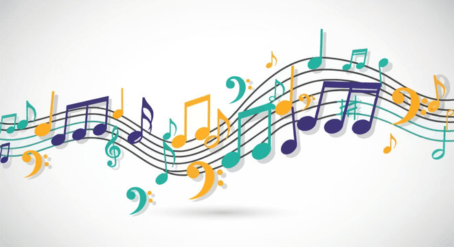 Colorful musical notes on flowing staff lines background.