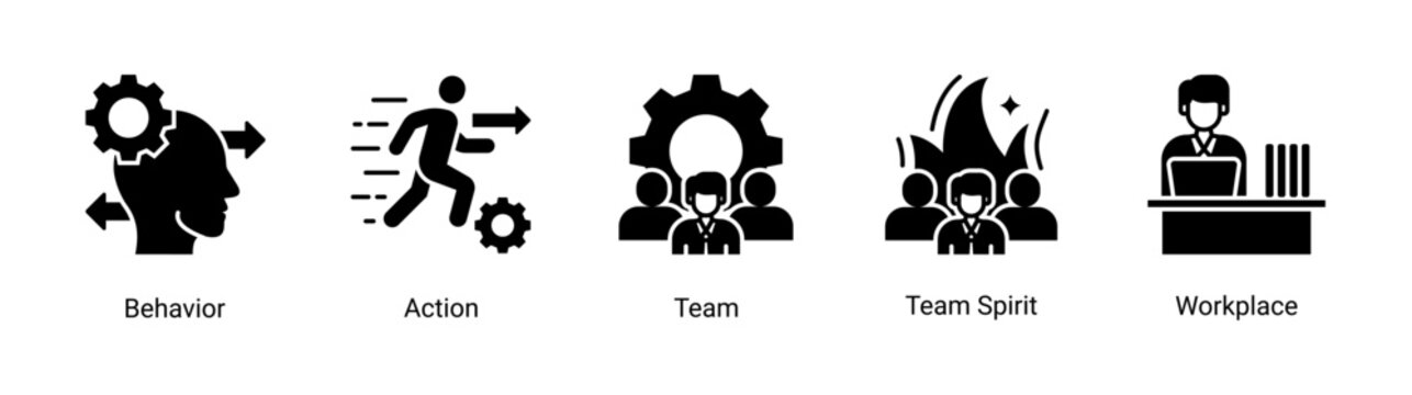 Kaizen team and behavior icon set representing team collaboration,behavior,and workplace culture in kaizen methodology.Ideal for HR,teamwork,and organizational development projects.