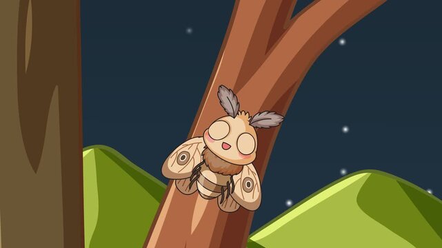 Cartoon Moth Resting on a Tree Trunk in a Night Forest
