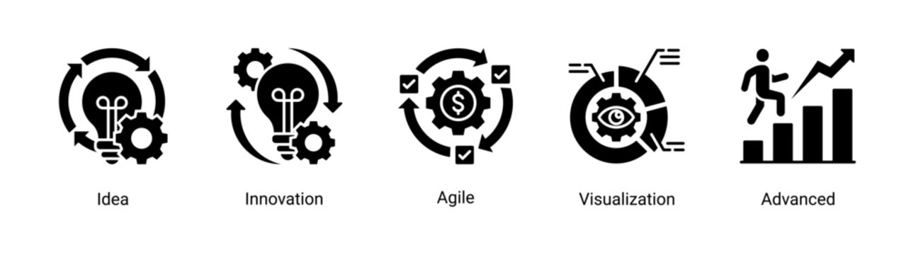 Kaizen innovation icon set featuring ideas,agile methods,and creative development concepts.Creative icon set representing innovation,and agile workflow for modern business and startup projects.